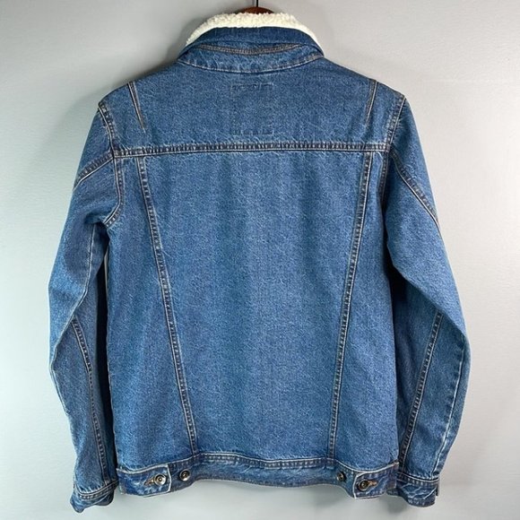 Hollywood Mens Sherpa Collar Jean Jacket Blue Mid Denim Wash trucker chore S - Picture 4 of 8